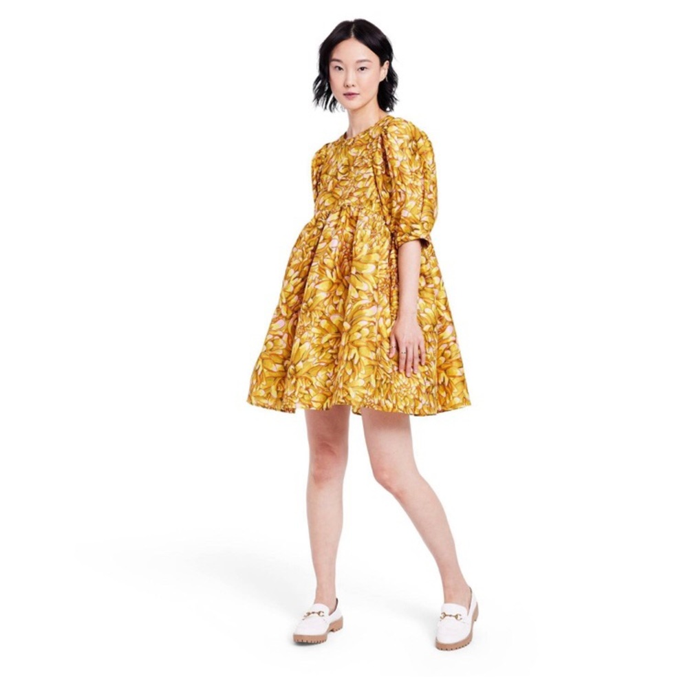 KIKA VARGAS x Target Women's Mum Floral Puff Sleeve Mini Dress Gold Ye…